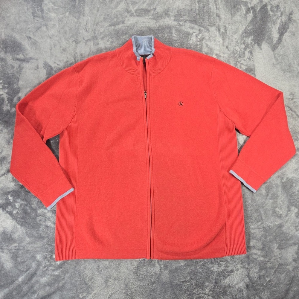 Aigle Full Zip Sweater Mens XXL Red Rib Knit Stand Collar Logo Preppy Knitwear